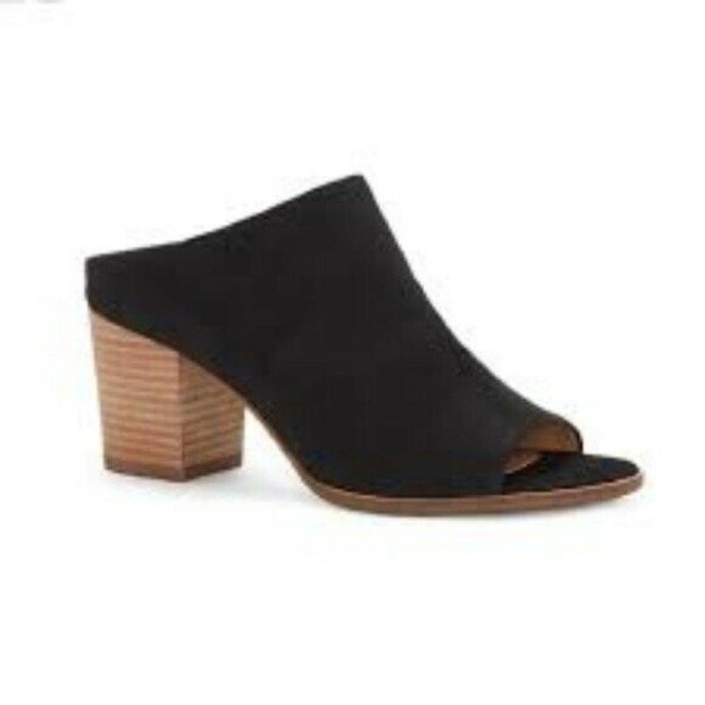 Lucky Brand Organza   Black Suede  Chunky Heels  Open Toe Mules  Shoe Size 10